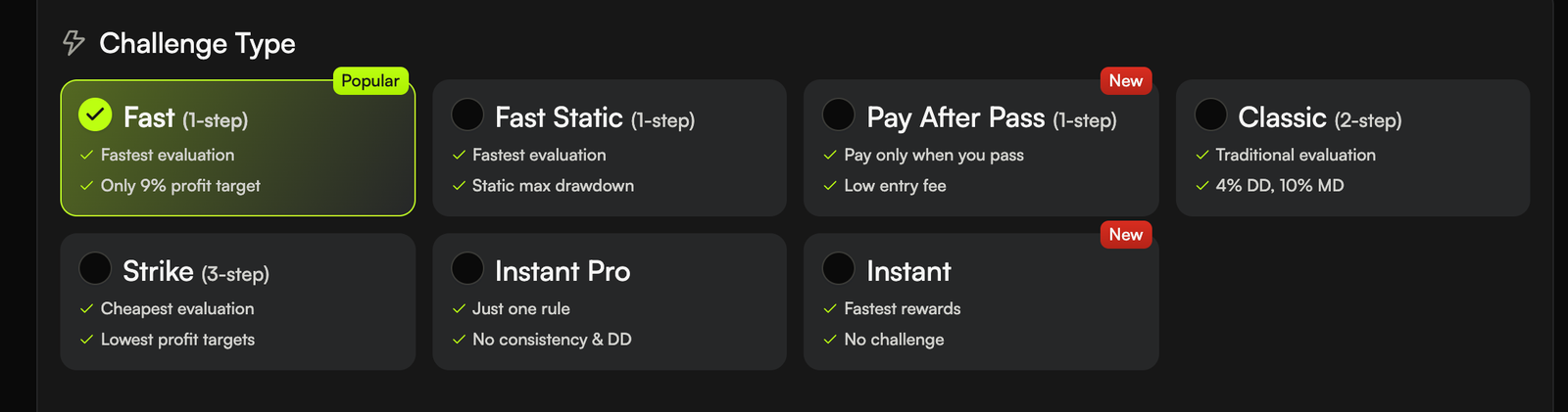 Challenge Type grid with the Fast tile selected