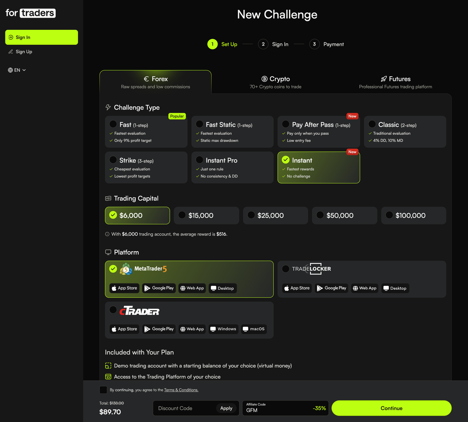 For Traders New Challenge checkout with the Instant account and a $6,000 account selected — total $89.70 with code GFM