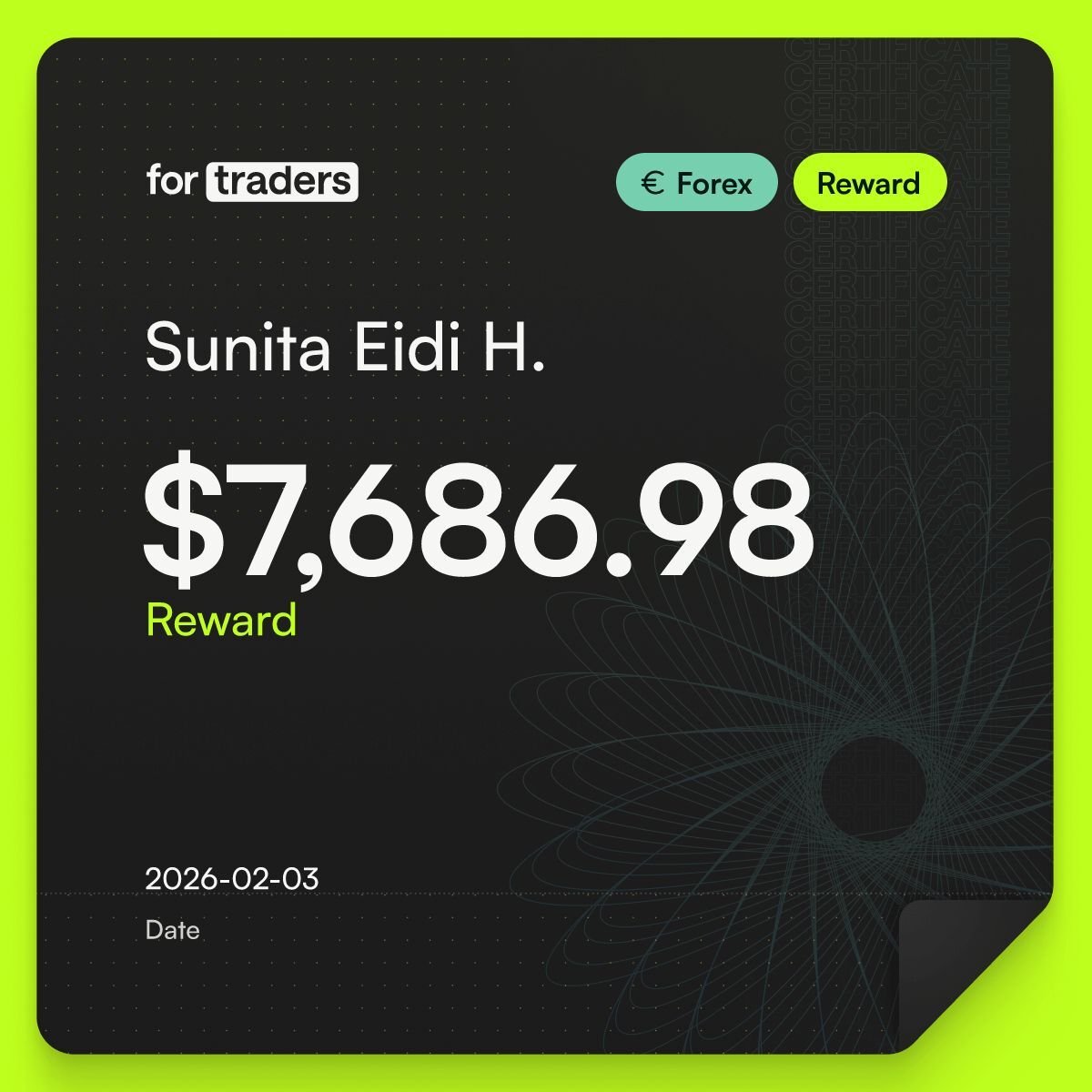 For Traders payout certificate — Sunita Eidi H., $7,686.98