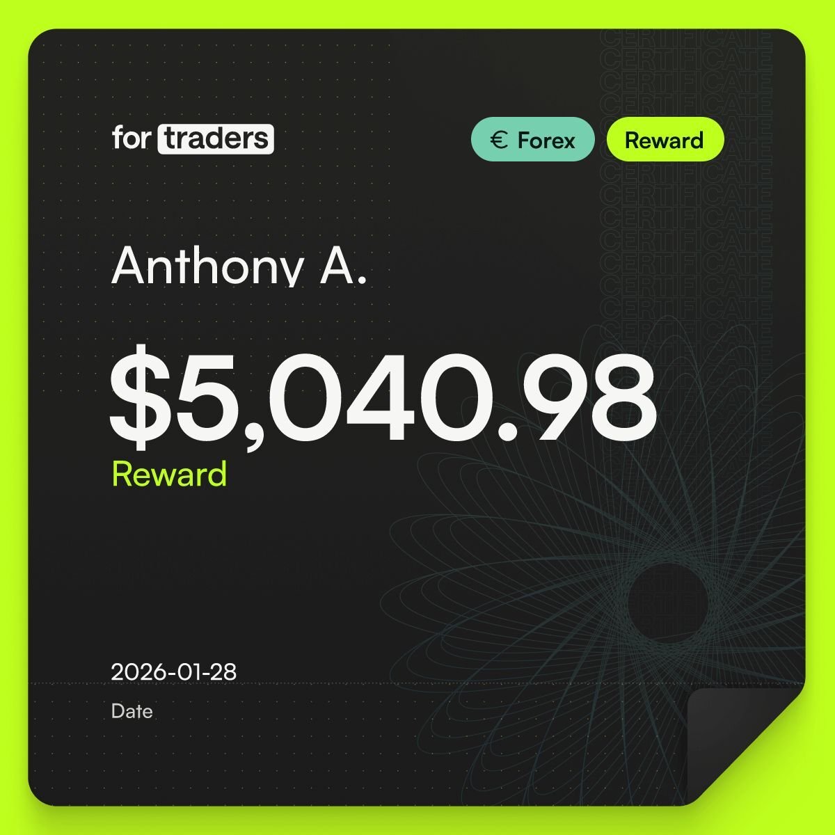 For Traders payout certificate — Anthony A., $5,040.98