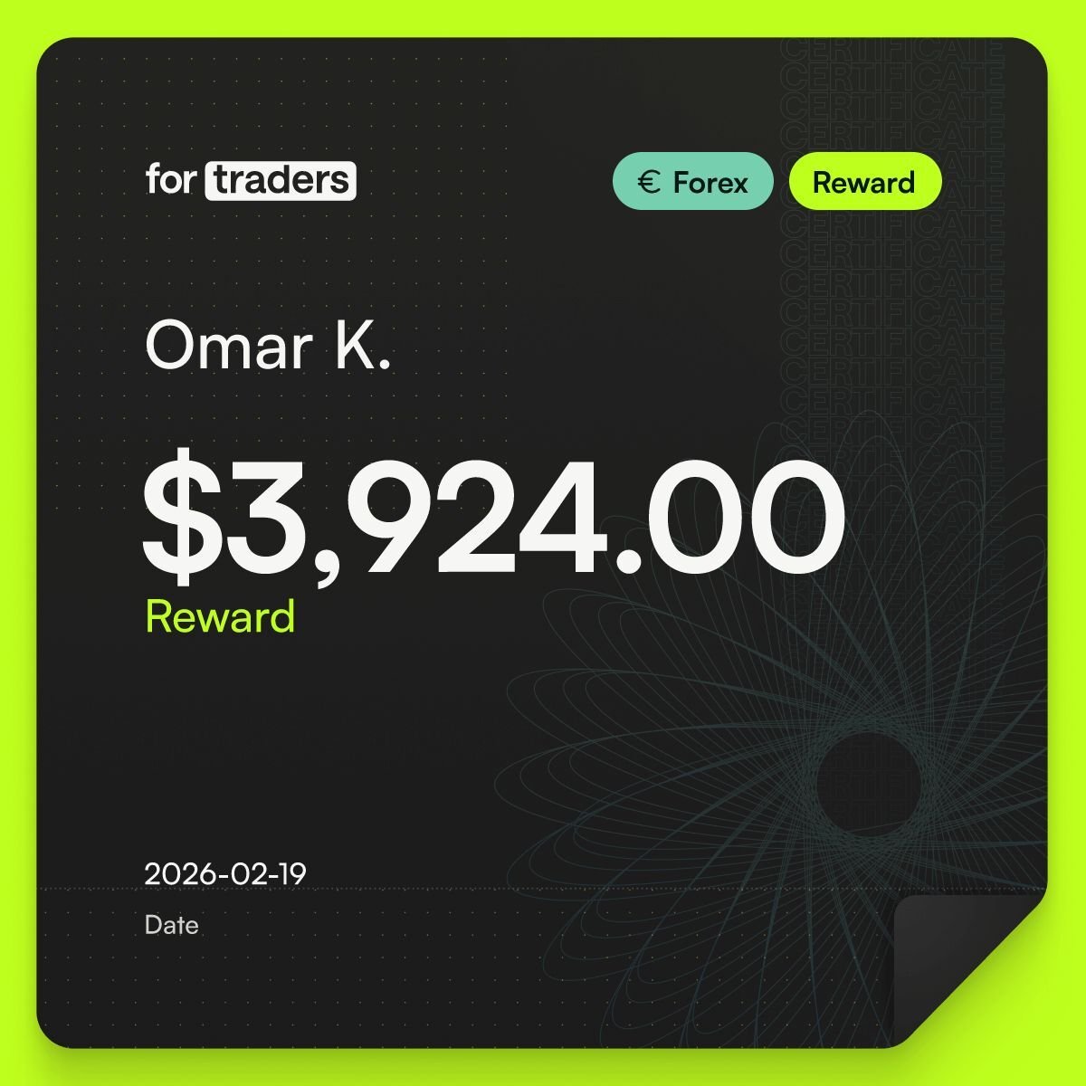 For Traders payout certificate — Omar K., $3,924.00