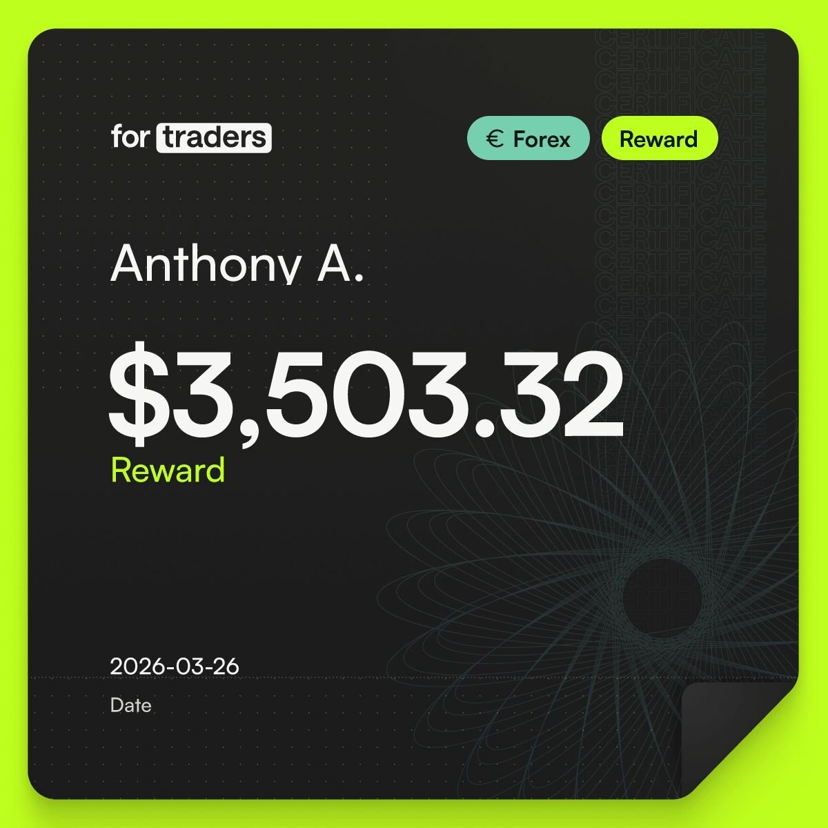 For Traders payout certificate — Anthony A., $3,503.32