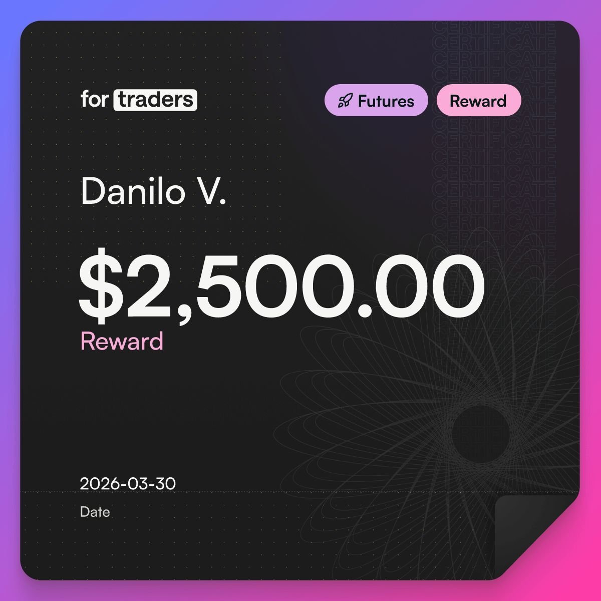 For Traders payout certificate — Danilo V., $2,500.00