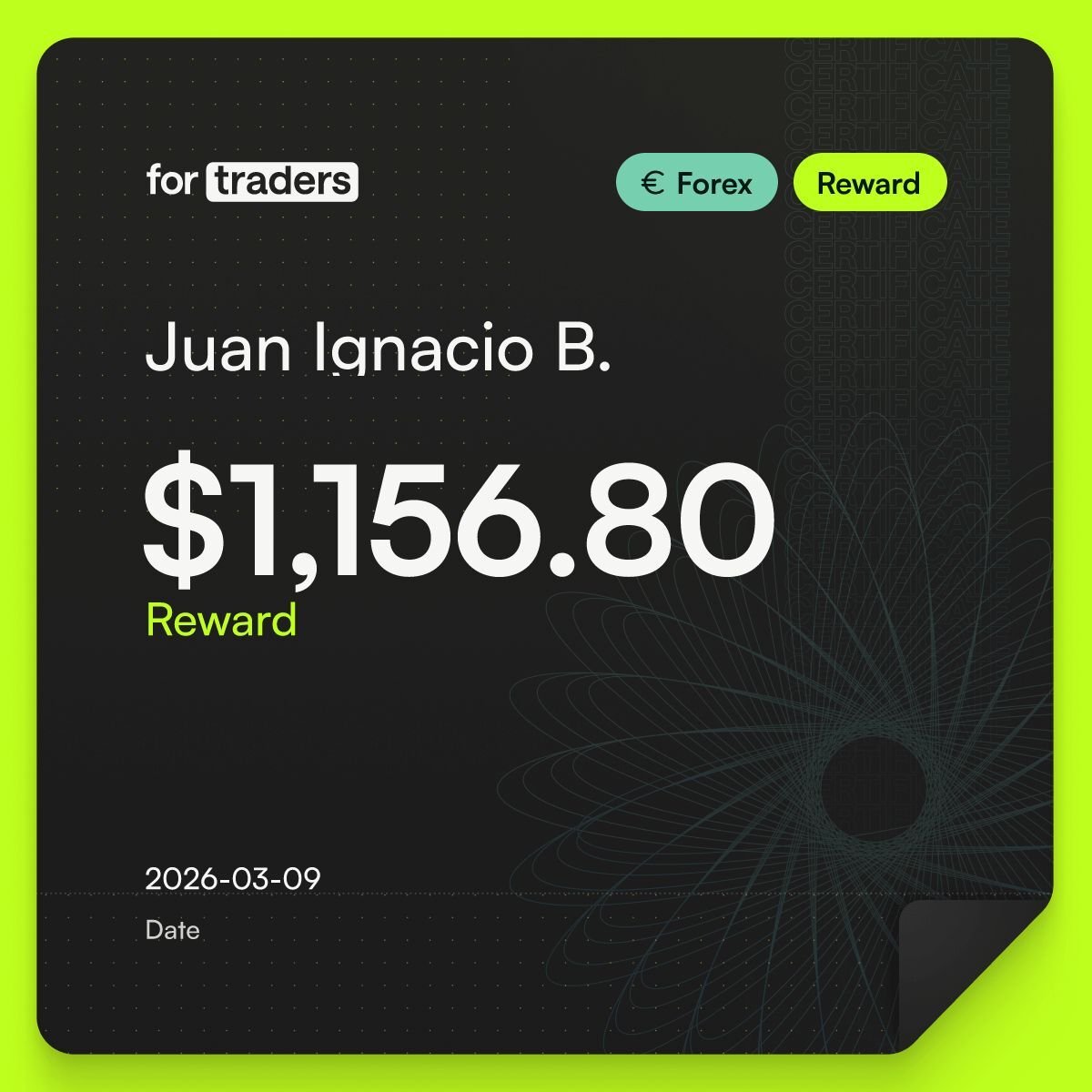 For Traders payout certificate — Juan Ignacio B., $1,156.80